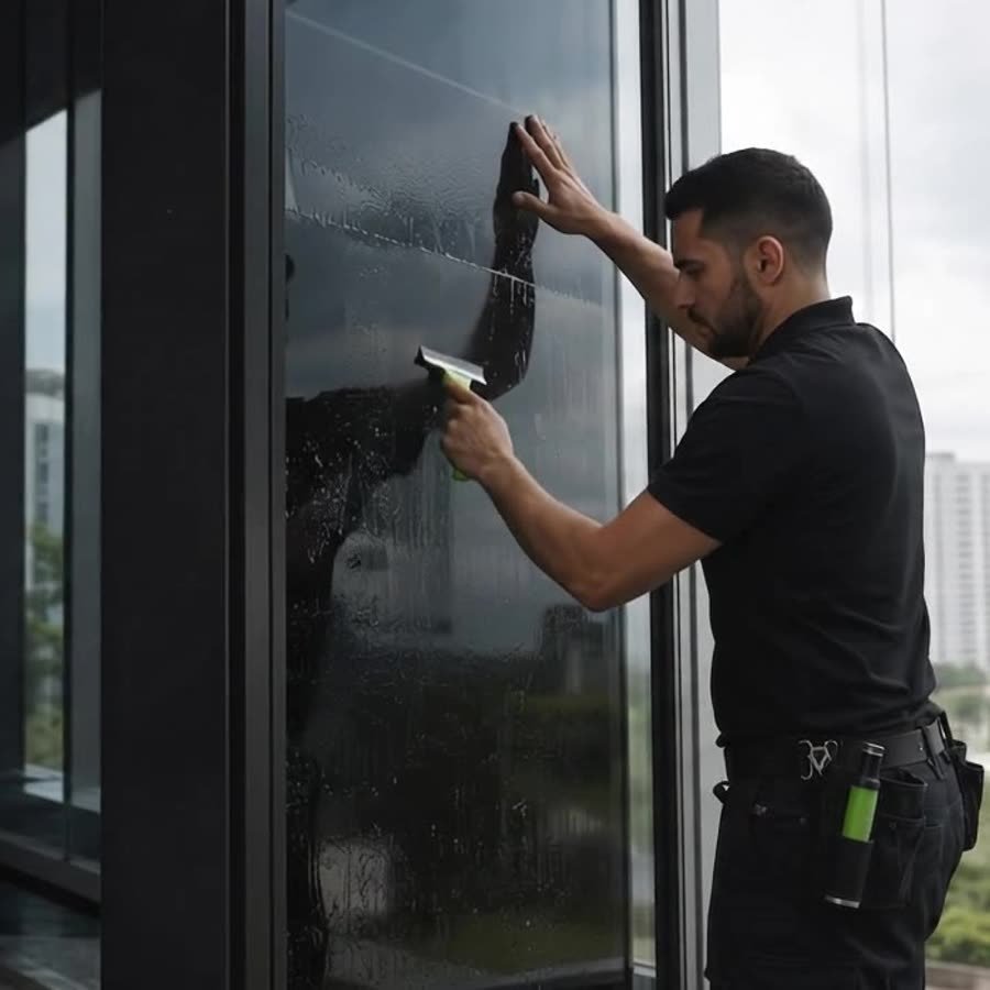 Instalador aplicando película em fachada envidraçada de escritório